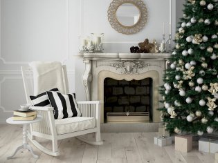 Fireplace with chair and Christmas tree around