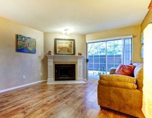 fireplace with large window