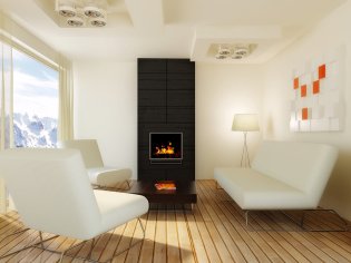 Fireplace with three white sofa around